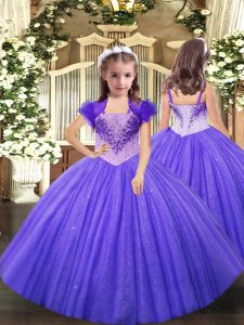 Hot Sale Sleeveless Tulle Floor Length Lace Up Little Girls Pageant Dress in Lavender with Beading