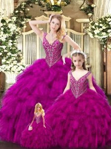 Customized Fuchsia Vestidos de Quinceanera Military Ball and Sweet 16 and Quinceanera with Beading and Ruffles Straps Sleeveless Lace Up