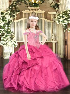 Off The Shoulder Sleeveless Lace Up Pageant Dress for Girls Hot Pink Organza