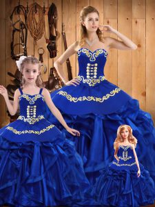 Deluxe Embroidery and Ruffles Sweet 16 Dresses Royal Blue Lace Up Sleeveless Floor Length