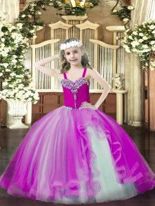 Fashionable Beading Little Girls Pageant Gowns Fuchsia Lace Up Sleeveless Floor Length