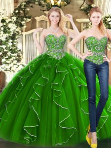 Latest Beading and Ruffles Quinceanera Gowns Green Lace Up Sleeveless Floor Length