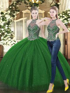 High-neck Sleeveless Lace Up 15 Quinceanera Dress Dark Green Tulle