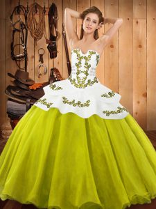 Attractive Strapless Sleeveless Sweet 16 Dress Floor Length Embroidery Yellow Green Satin and Organza