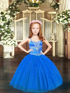 High End Blue Tulle Lace Up Little Girls Pageant Gowns Sleeveless Floor Length Beading