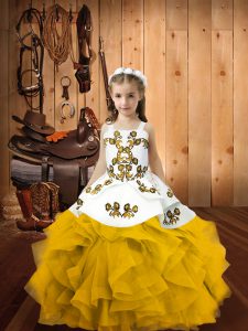 Gold Ball Gowns Organza Straps Sleeveless Embroidery and Ruffles Floor Length Lace Up Kids Pageant Dress