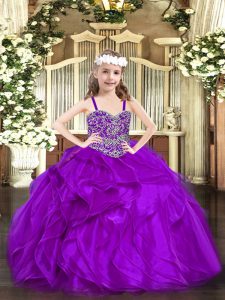 Fantastic Purple Organza Lace Up Little Girl Pageant Dress Sleeveless Floor Length Beading and Ruffles