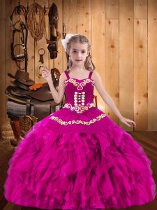 Fuchsia Organza Lace Up Straps Sleeveless Floor Length Pageant Dress for Teens Embroidery and Ruffles