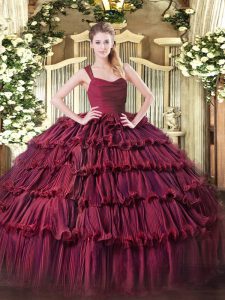 Dramatic Burgundy Ball Gowns Ruffled Layers Sweet 16 Dresses Zipper Organza Sleeveless Floor Length