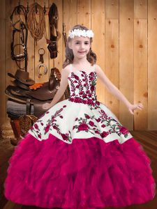 Fuchsia Organza Lace Up Straps Sleeveless Floor Length Kids Formal Wear Embroidery