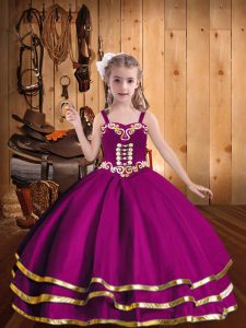 Cheap Fuchsia Organza Lace Up Straps Sleeveless Floor Length Kids Pageant Dress Beading and Ruffled Layers