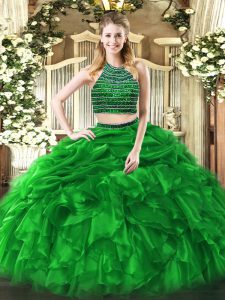 Beading and Ruffles Ball Gown Prom Dress Green Zipper Sleeveless Floor Length