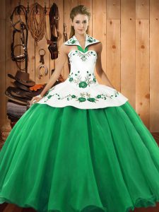 Sleeveless Floor Length Embroidery Lace Up Quinceanera Dress with Green