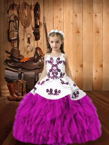 Dazzling Fuchsia Lace Up Kids Formal Wear Embroidery and Ruffles Sleeveless Floor Length