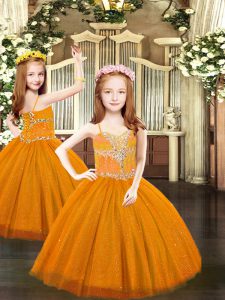 Dramatic Sleeveless Floor Length Beading Lace Up Pageant Dress for Girls with Rust Red