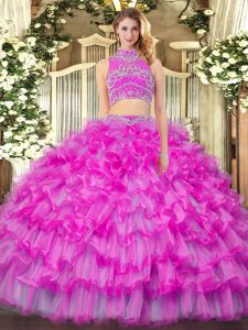 Adorable Lilac Two Pieces Beading and Ruffled Layers 15 Quinceanera Dress Backless Tulle Sleeveless Floor Length