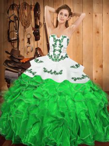 Best Selling Embroidery and Ruffles Quince Ball Gowns Green Lace Up Sleeveless Floor Length