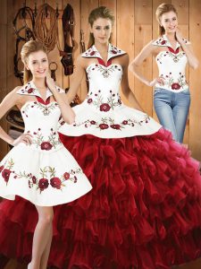 Elegant Halter Top Sleeveless Organza 15 Quinceanera Dress Embroidery and Ruffled Layers Lace Up