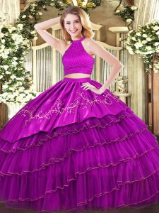 Chic Fuchsia Sleeveless Beading and Embroidery and Ruffled Layers Floor Length Sweet 16 Dress