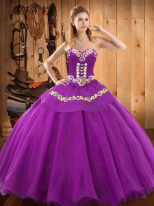 Discount Floor Length Purple Ball Gown Prom Dress Satin and Tulle Sleeveless Embroidery