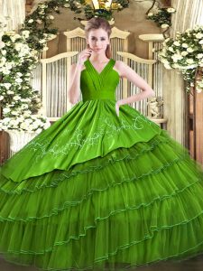 Luxury Ball Gowns Quince Ball Gowns Olive Green V-neck Satin and Organza Sleeveless Floor Length Zipper