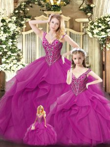 Popular Sleeveless Floor Length Beading and Ruffles Lace Up Quinceanera Gown with Fuchsia