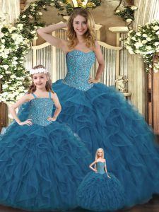 Ideal Teal Ball Gowns Beading and Ruffles Sweet 16 Dress Lace Up Organza Sleeveless Floor Length