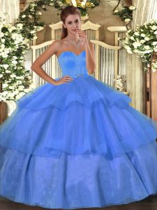 Dramatic Baby Blue Sleeveless Floor Length Beading and Ruffled Layers Lace Up Quinceanera Gowns