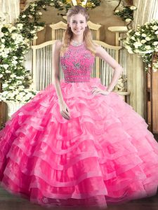 Rose Pink Zipper Halter Top Beading and Ruffled Layers 15 Quinceanera Dress Organza Sleeveless