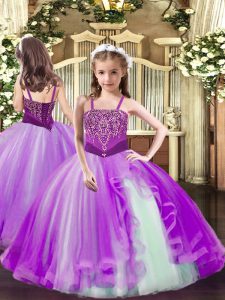 Lilac Straps Lace Up Beading Girls Pageant Dresses Sleeveless