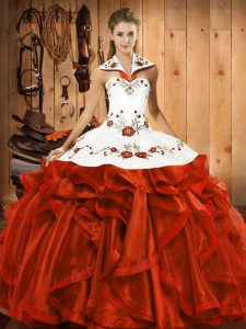 Clearance Floor Length Rust Red Quinceanera Gowns Satin and Organza Sleeveless Embroidery and Ruffles