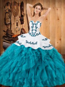 Teal Satin and Organza Lace Up 15th Birthday Dress Sleeveless Floor Length Embroidery and Ruffles