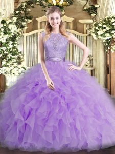 Tulle Scoop Sleeveless Backless Beading and Ruffles Ball Gown Prom Dress in Lavender