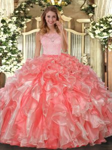 Sumptuous Floor Length Coral Red Ball Gown Prom Dress Scoop Sleeveless Clasp Handle