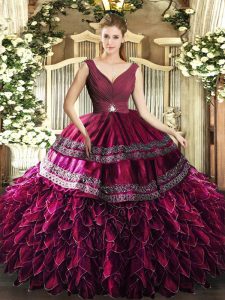 Chic Burgundy Ball Gowns Organza V-neck Sleeveless Beading and Ruffles Floor Length Backless Sweet 16 Dresses