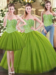 Olive Green Sleeveless Tulle Lace Up Sweet 16 Dresses for Military Ball and Sweet 16 and Quinceanera