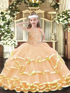 Elegant Peach Organza Lace Up Straps Sleeveless Floor Length Little Girls Pageant Dress Beading and Ruffled Layers