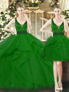 Green Sleeveless Tulle Lace Up Quince Ball Gowns for Military Ball and Sweet 16 and Quinceanera