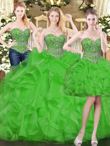 Green Ball Gowns Beading and Ruffles 15 Quinceanera Dress Lace Up Tulle Sleeveless Floor Length