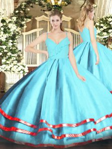 Floor Length Zipper Quinceanera Gowns Aqua Blue for Military Ball and Sweet 16 and Quinceanera with Ruffled Layers