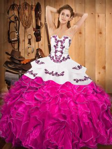 Stunning Sleeveless Floor Length Embroidery and Ruffles Lace Up Sweet 16 Dresses with Fuchsia