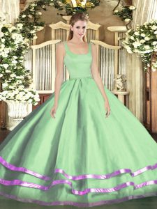 Traditional Straps Sleeveless Quinceanera Gown Floor Length Ruffled Layers Apple Green Tulle