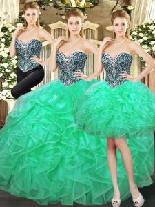 Turquoise Lace Up Sweetheart Beading and Ruffles Quinceanera Dress Tulle Sleeveless