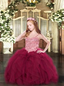 Ball Gowns Little Girl Pageant Dress Wine Red Spaghetti Straps Tulle Sleeveless Floor Length Lace Up