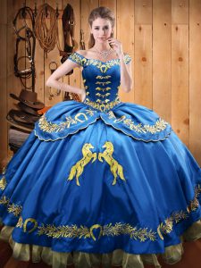 Floor Length Lace Up Vestidos de Quinceanera Blue for Sweet 16 and Quinceanera with Beading and Embroidery