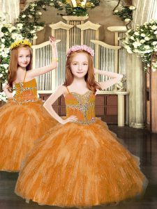 Latest Floor Length Rust Red Little Girl Pageant Gowns Tulle Sleeveless Beading and Ruffles