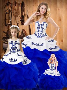 Tulle Strapless Sleeveless Lace Up Embroidery and Ruffles Quinceanera Dresses in Royal Blue