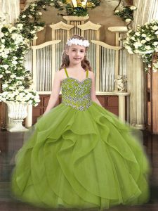 Olive Green Tulle Lace Up Pageant Dress Womens Sleeveless Floor Length Beading and Ruffles