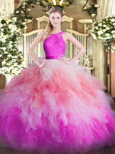 Fantastic Multi-color Ball Gowns Organza Scoop Sleeveless Lace and Ruffles Floor Length Zipper 15 Quinceanera Dress