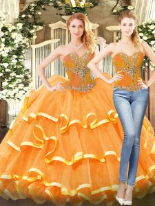 Floor Length Orange Red Sweet 16 Dresses Sweetheart Sleeveless Lace Up